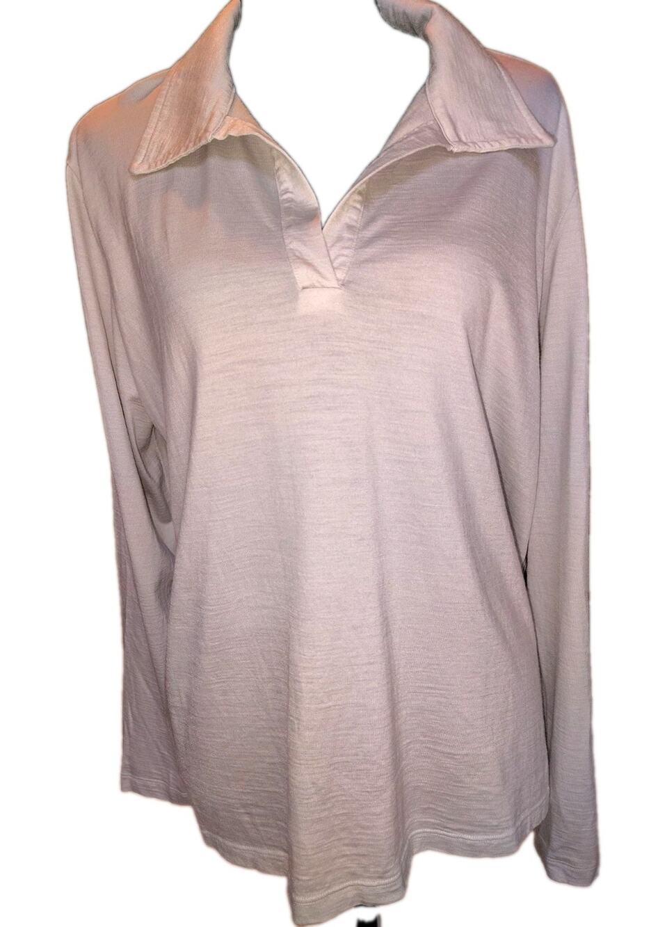 wool& Merino Wool Long Sleeve Open Collar Polo Pullover Top XL Off-White/gray